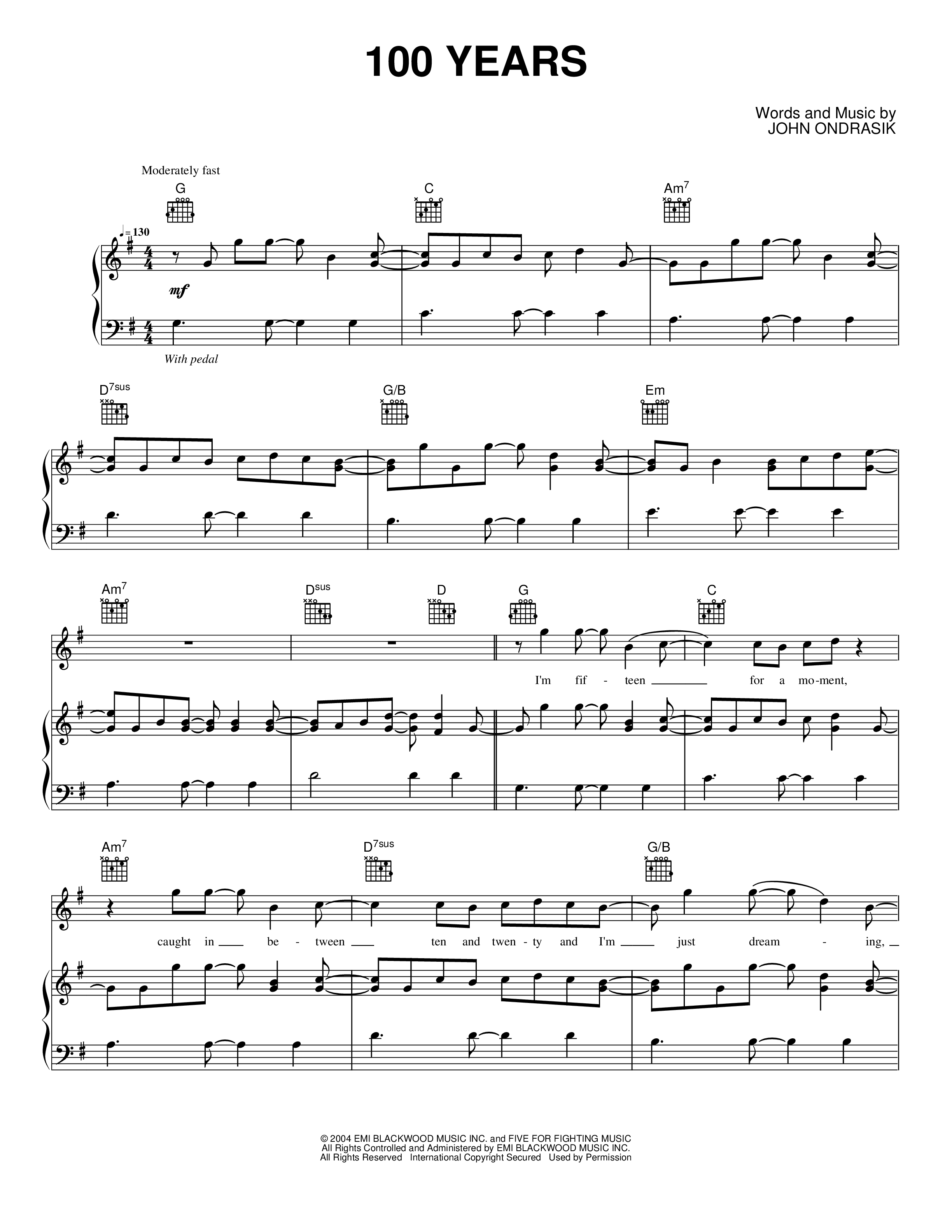 100 years Sheet music for Piano, Vocals, Guitar by Five for Fighting