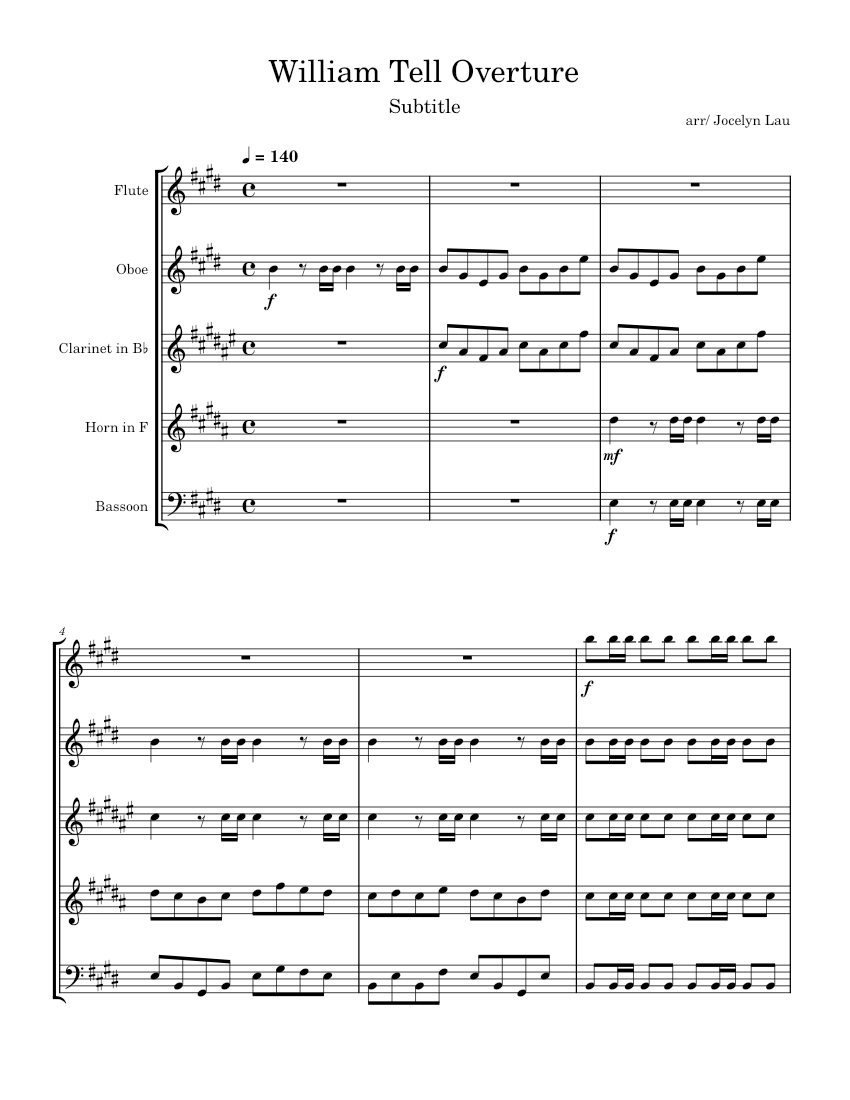 Overture Instruments William Tell Overture for Wind Quintet Sheet Music for Flute, Oboe ...
