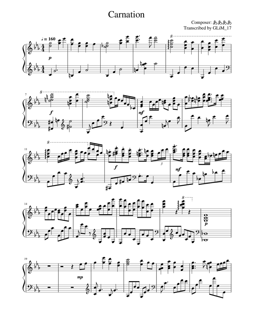 Carnation Sheet Music For Piano Solo Download And Print In Pdf Or Midi Free Sheet Music For Carnation Bms差分 By ああああ Electronic Musescore Com