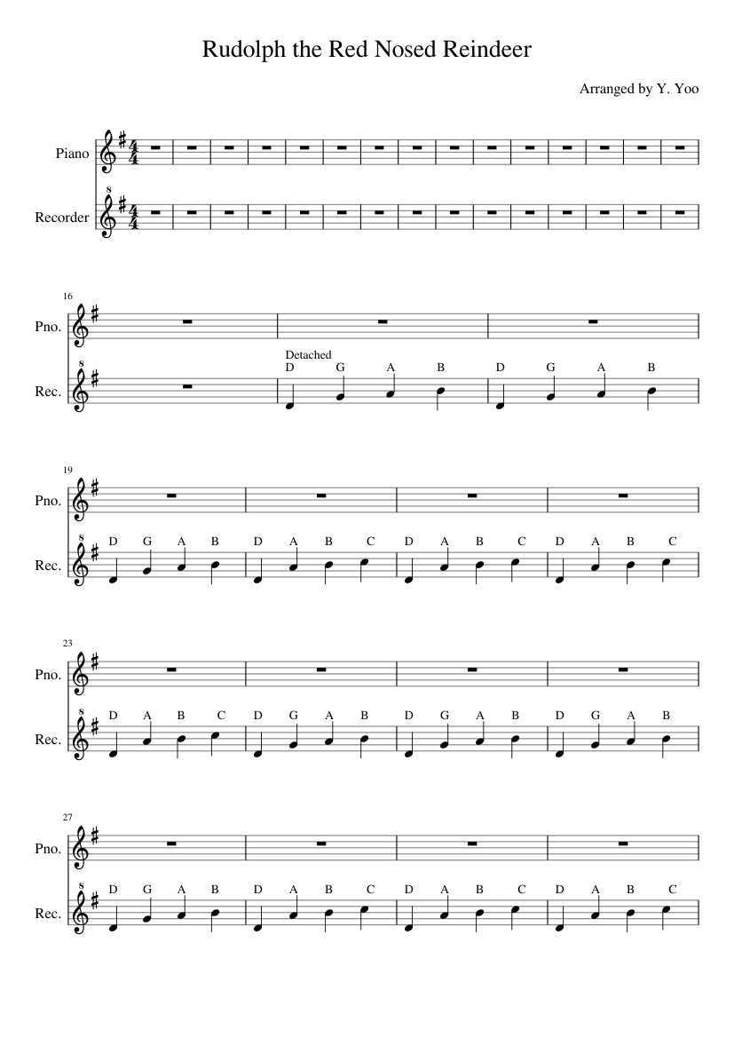 Rudolph the Red Nosed Reindeer (Recorder Part) Sheet Music for Piano ...