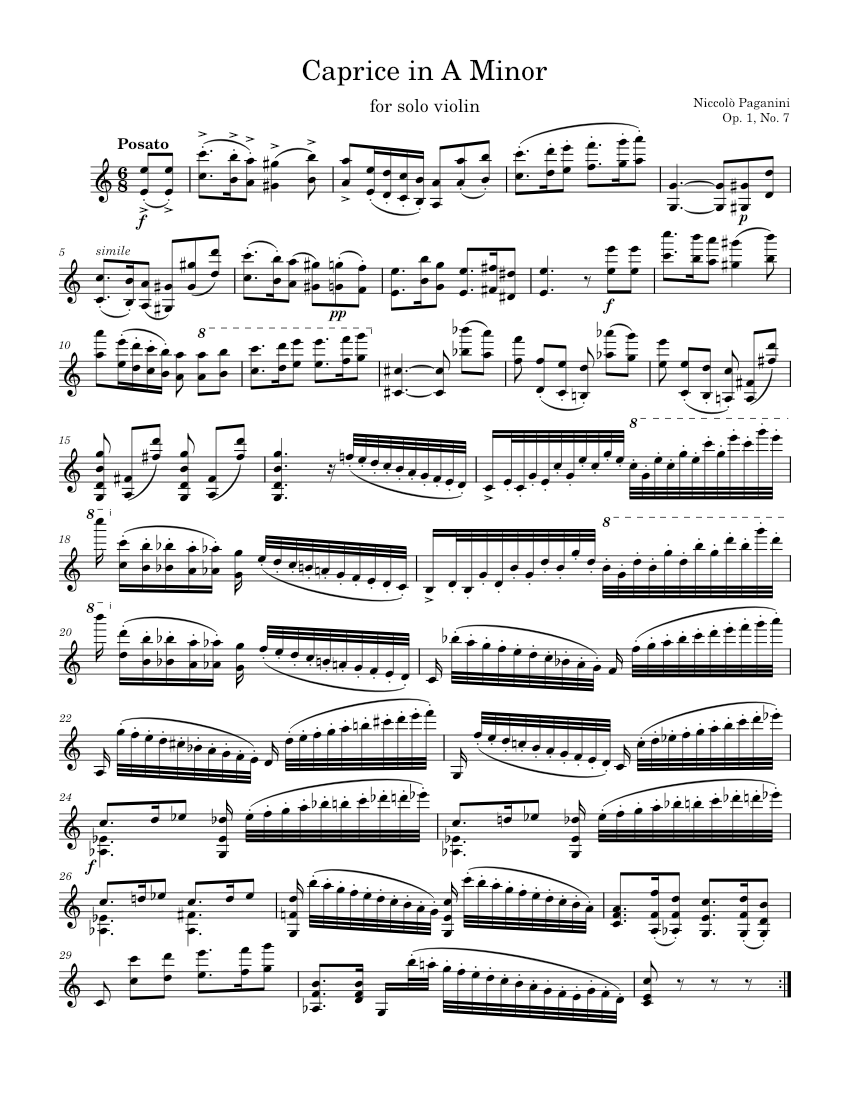 Solo Violin Caprice No. 7 in A Minor - N. Paganini, Op. 1, No. 7 Sheet  music for Violin (Solo) | Download and print in PDF or MIDI free sheet  music for