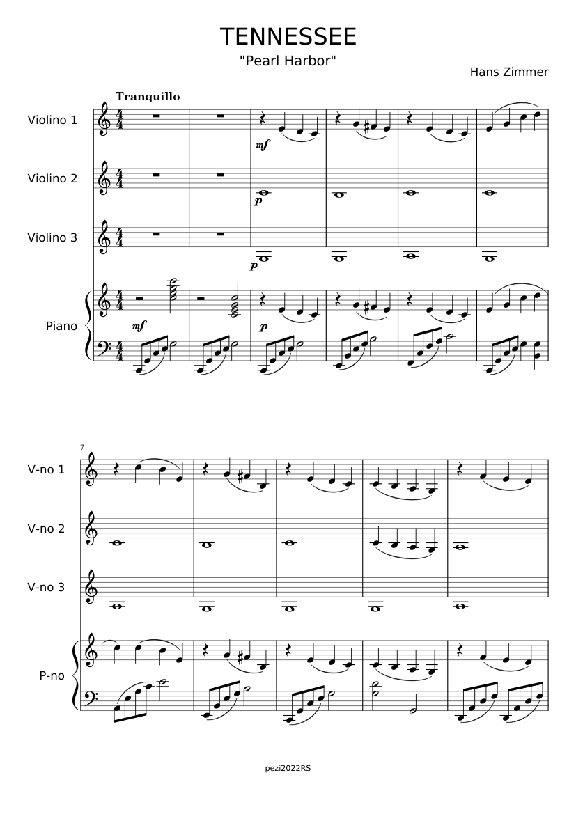 Zimmer H. TENNESSEE Pearl Harbor 3vn&pf Sheet music for Piano, Violin