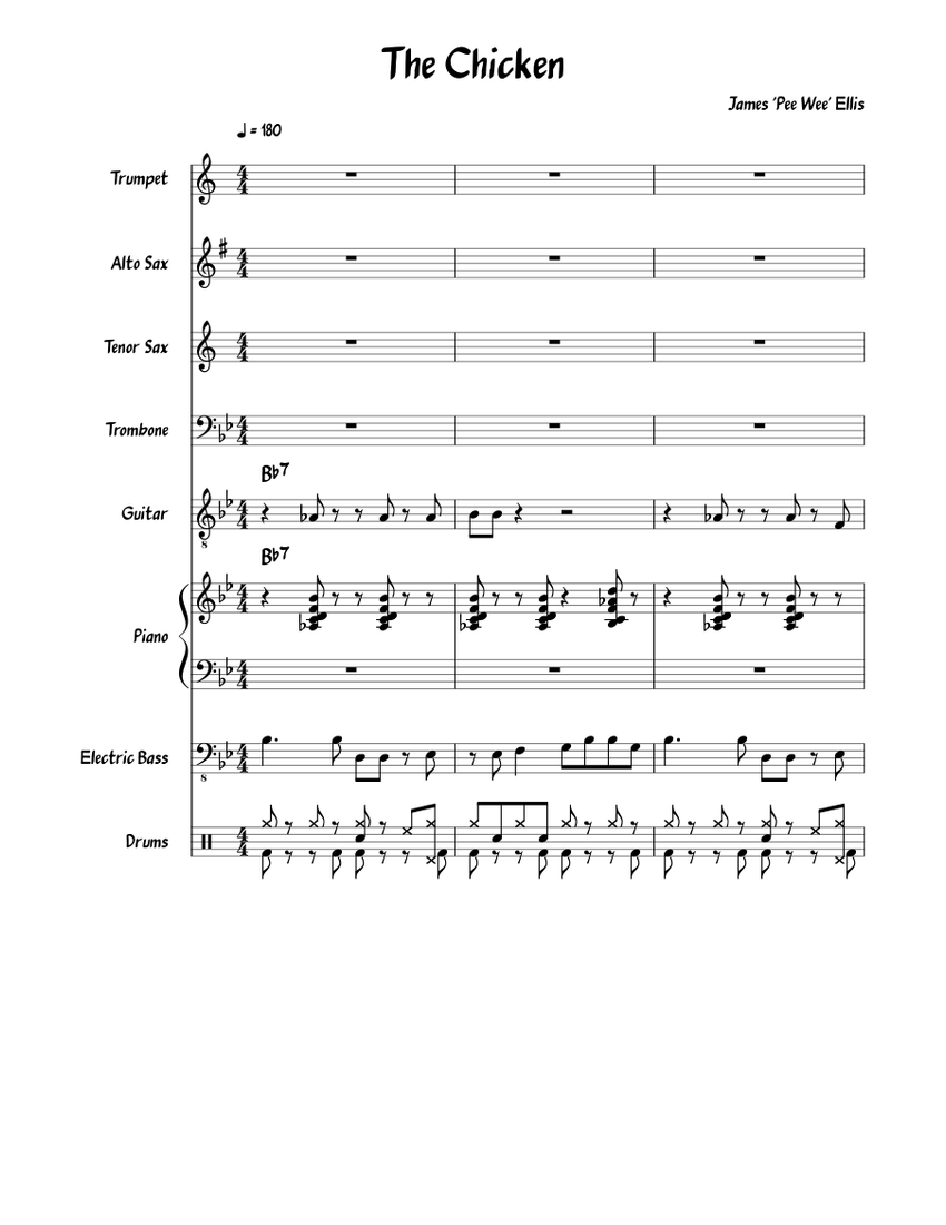The Chicken Sheet Music For Piano Trumpet In B Flat Trombone Drum Group More Instruments Mixed Ensemble Musescore Com the chicken sheet music for piano