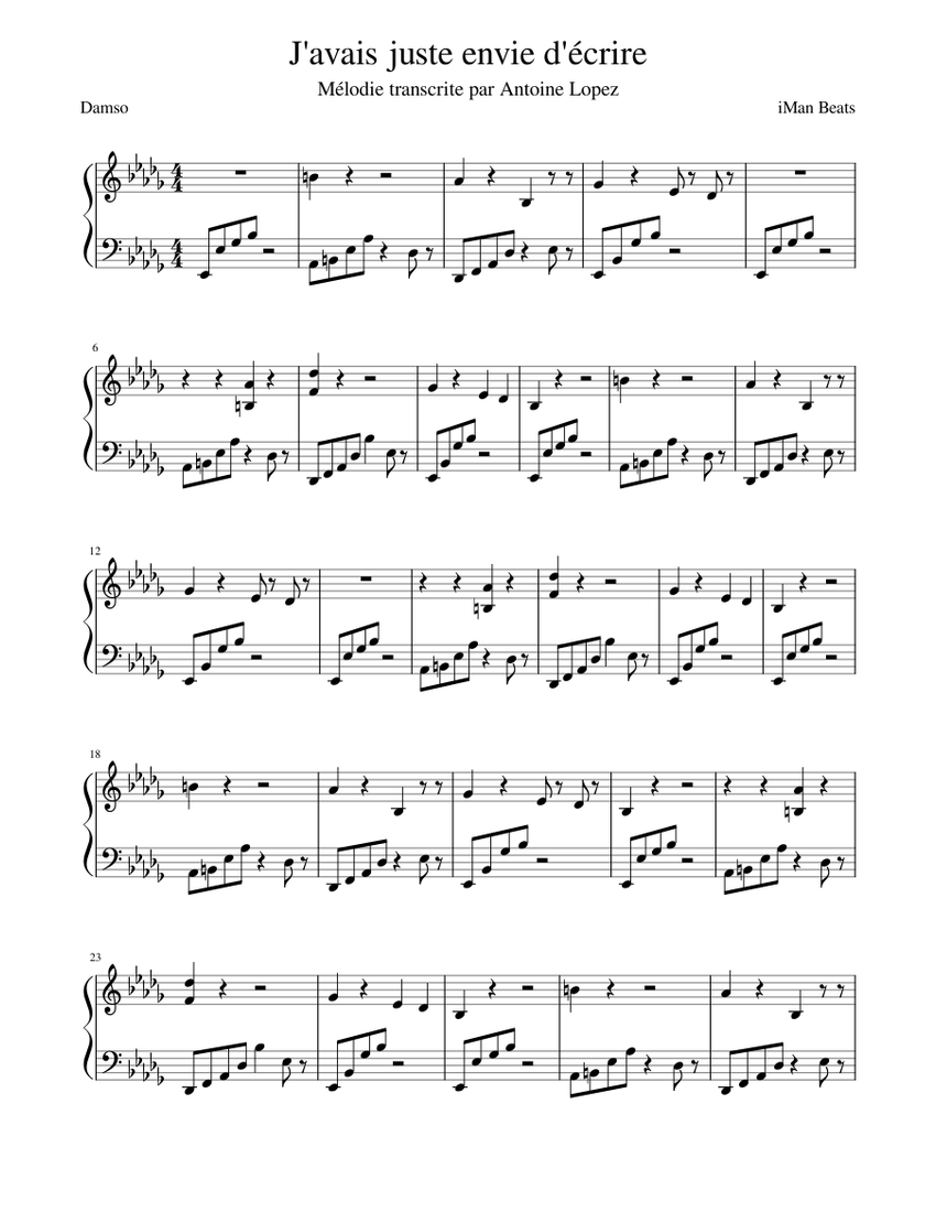 J'avais juste envie d'écrire. – Damso Sheet music for Piano (Solo) |  Musescore.com