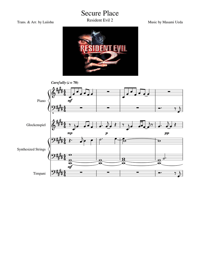 Resident Evil 2 - Secure Place (Save Room Theme) Sheet music for Piano,  Timpani, Glockenspiel, Strings group (Mixed Quartet) | Musescore.com