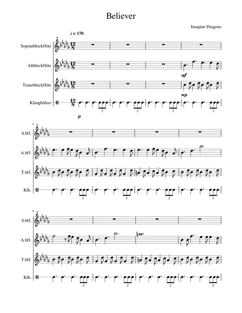 Imagine Dragons Believer For Recorder Sheet Music For Recorder Claves Woodwind Trio Musescore Com