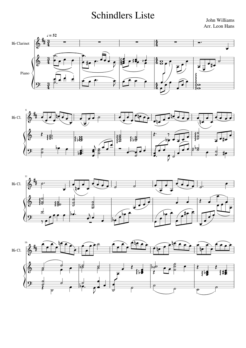 schindlers liste piano clarinet Sheet music for Piano, Clarinet in b-flat  (Mixed Duet) | Musescore.com