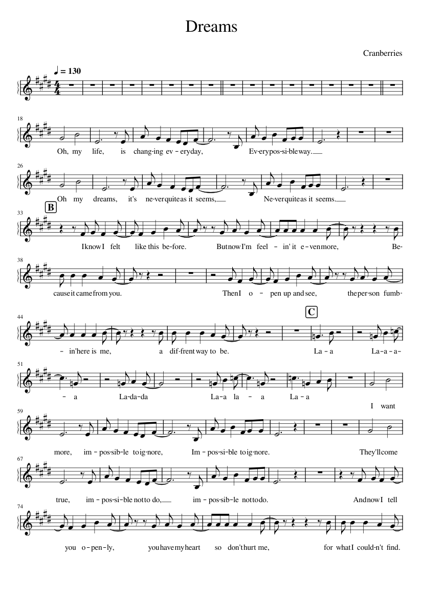 Dreams The Cranberries Dreams main tune and lyrics Sheet music for