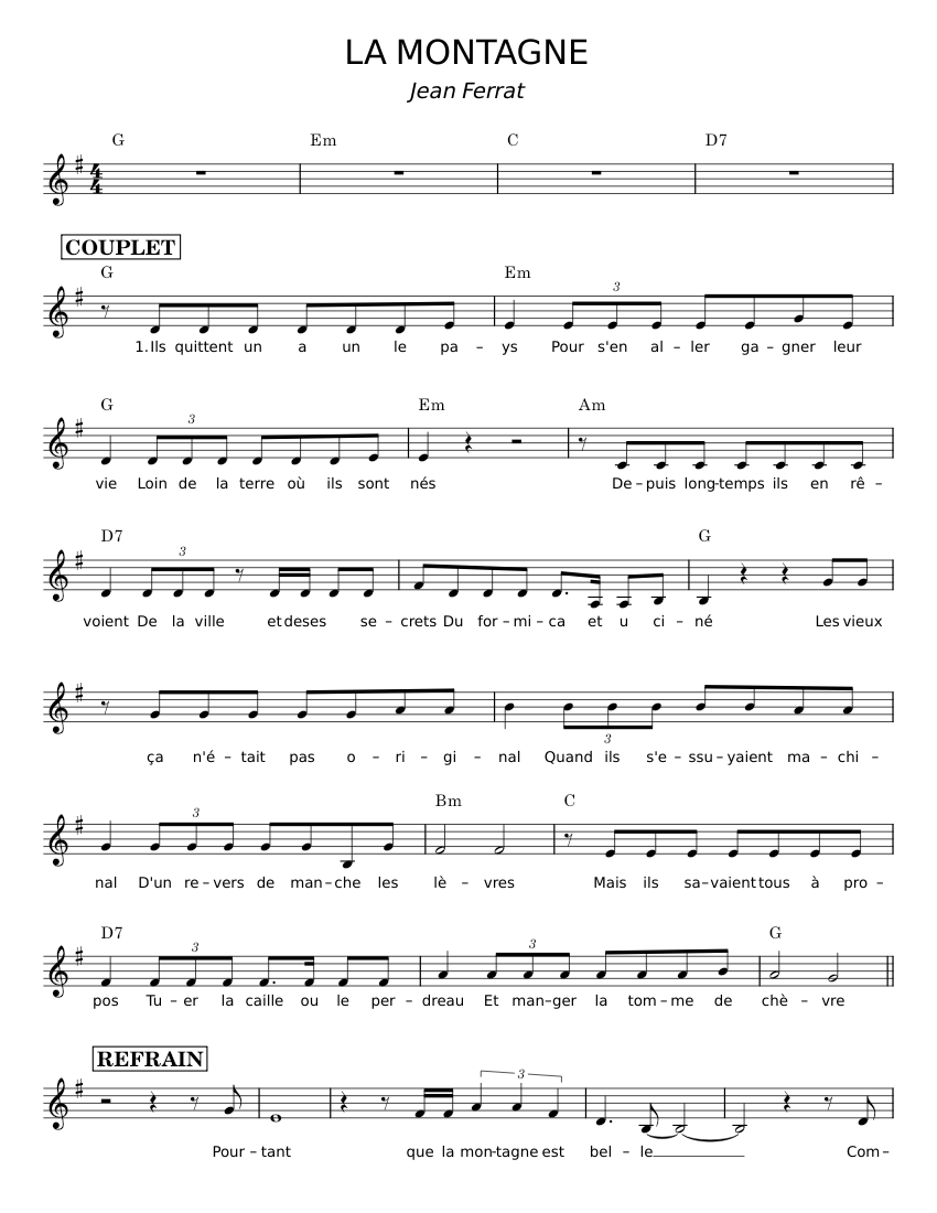 ラ・モンターニュ 楽譜 コード付き シンセサイザー (ソロ) | MuseScore.com