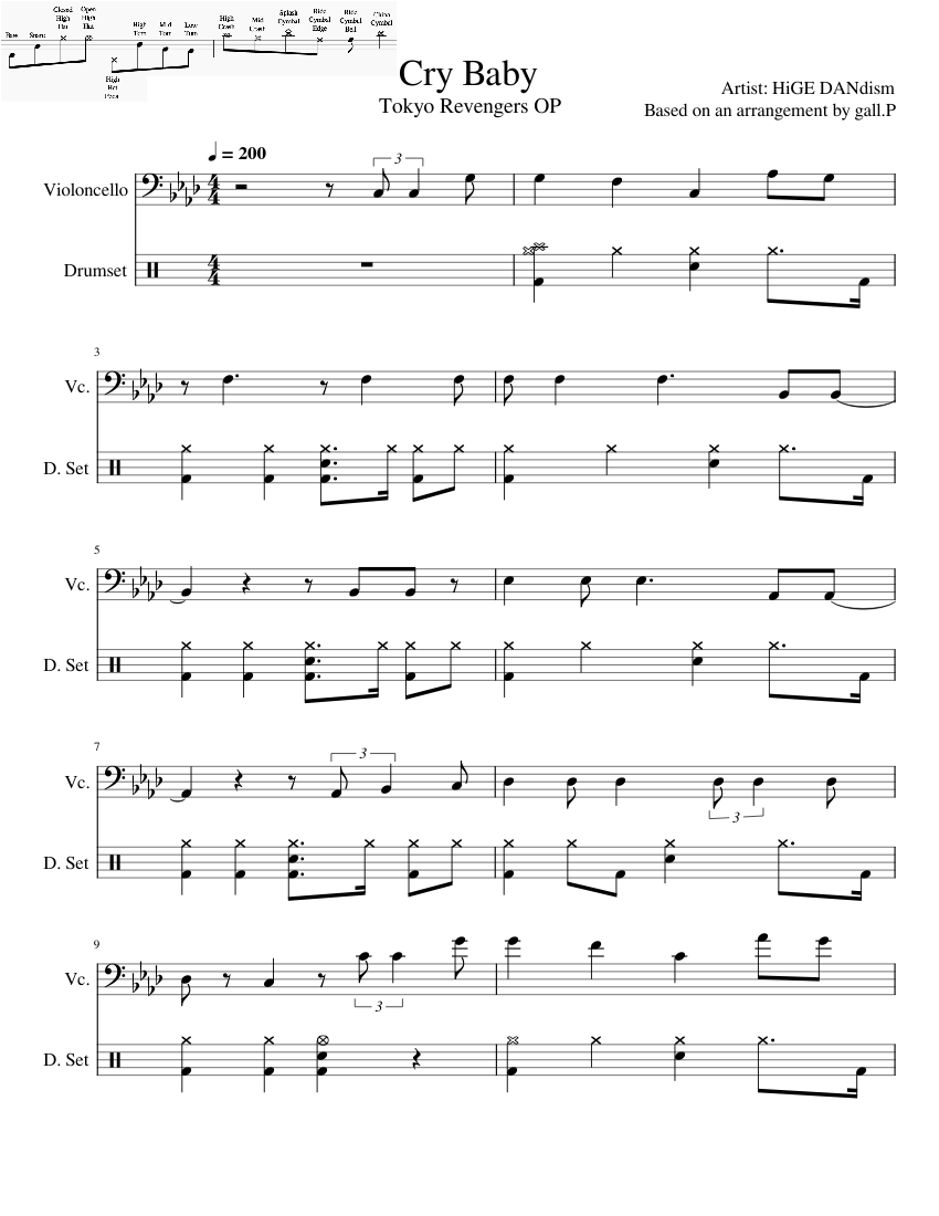 Cry Baby Tokyo Revengers Op Drum Tab Sheet Music For Drum Group Cello Mixed Duet Musescore Com