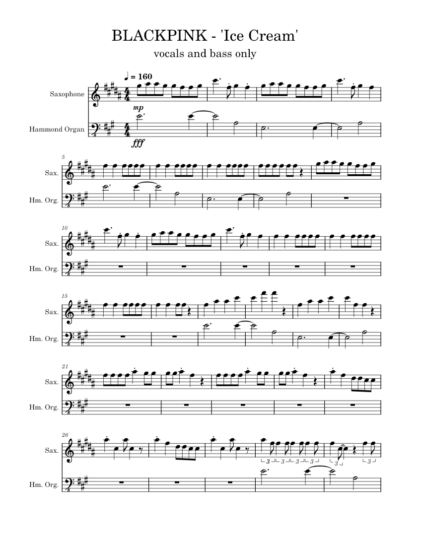 Ice Cream BLACKPINK (vocals and bass only) Sheet music for Organ
