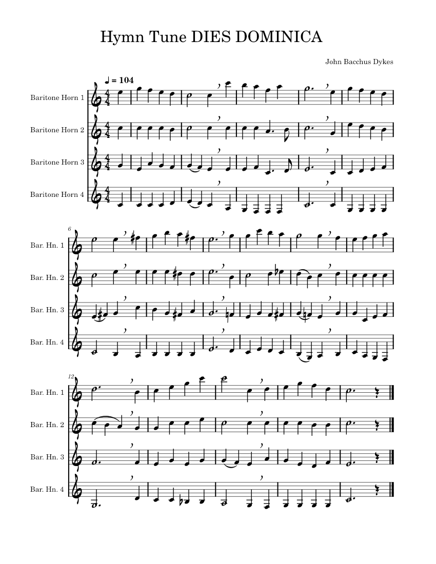 Hymn tune dies dominica sheet music for baritone horn brass quartet
