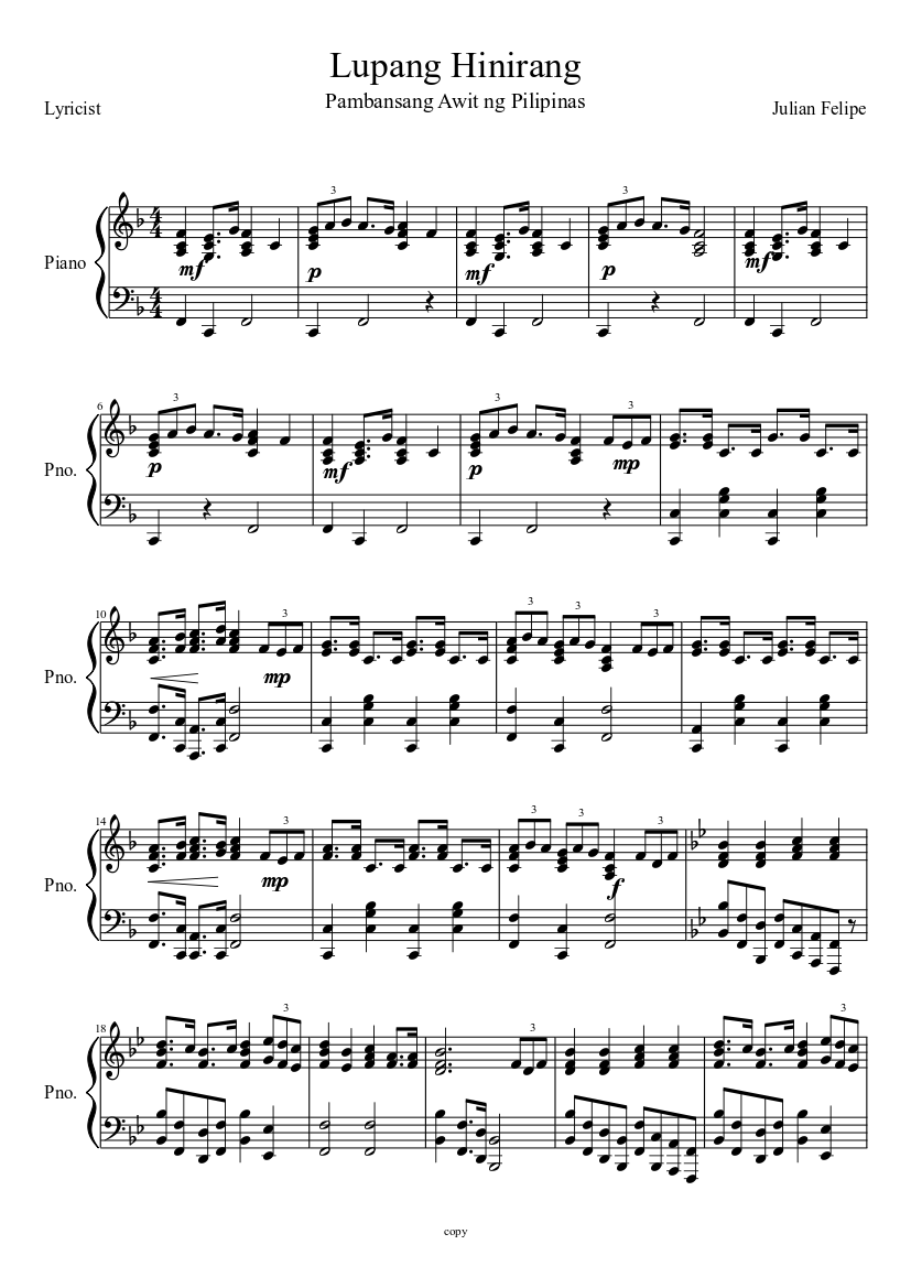 Lupang Hinirang Sheet music for Piano (Solo) | Musescore.com