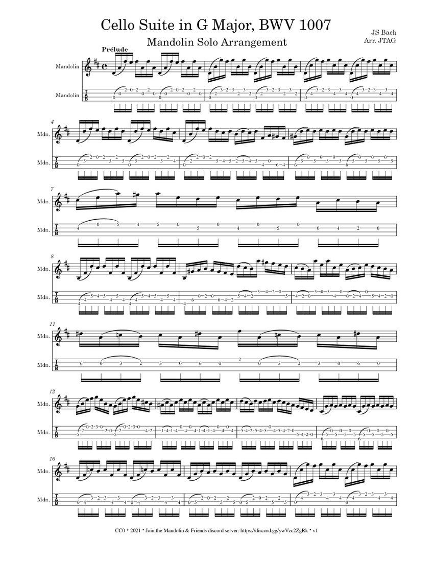 Cello Suite No1 In G Major Bwv 1007 Johann Sebastian Bach Sheet Music For Mandolin Solo 3997