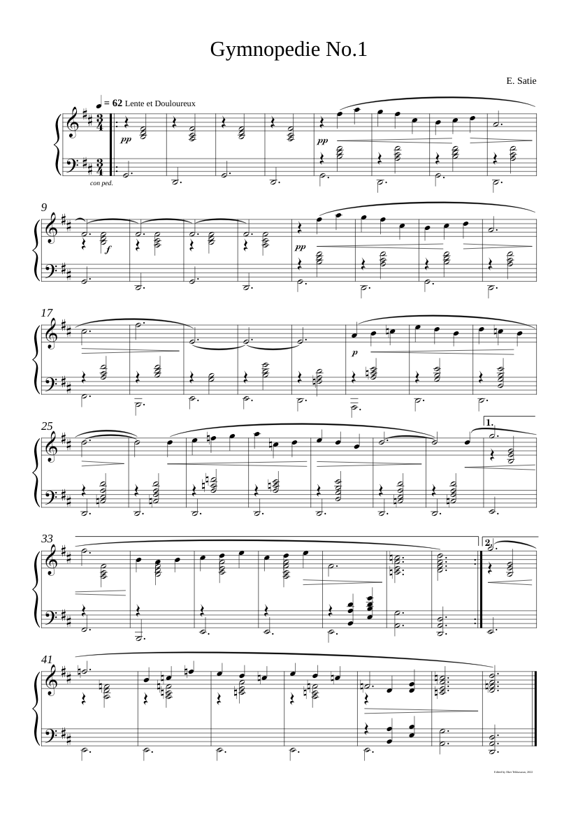 Gymnop Die No 1 Erik Satie Eric Satie Gymnopedie Nr 1 Sheet Music Score 0 @0