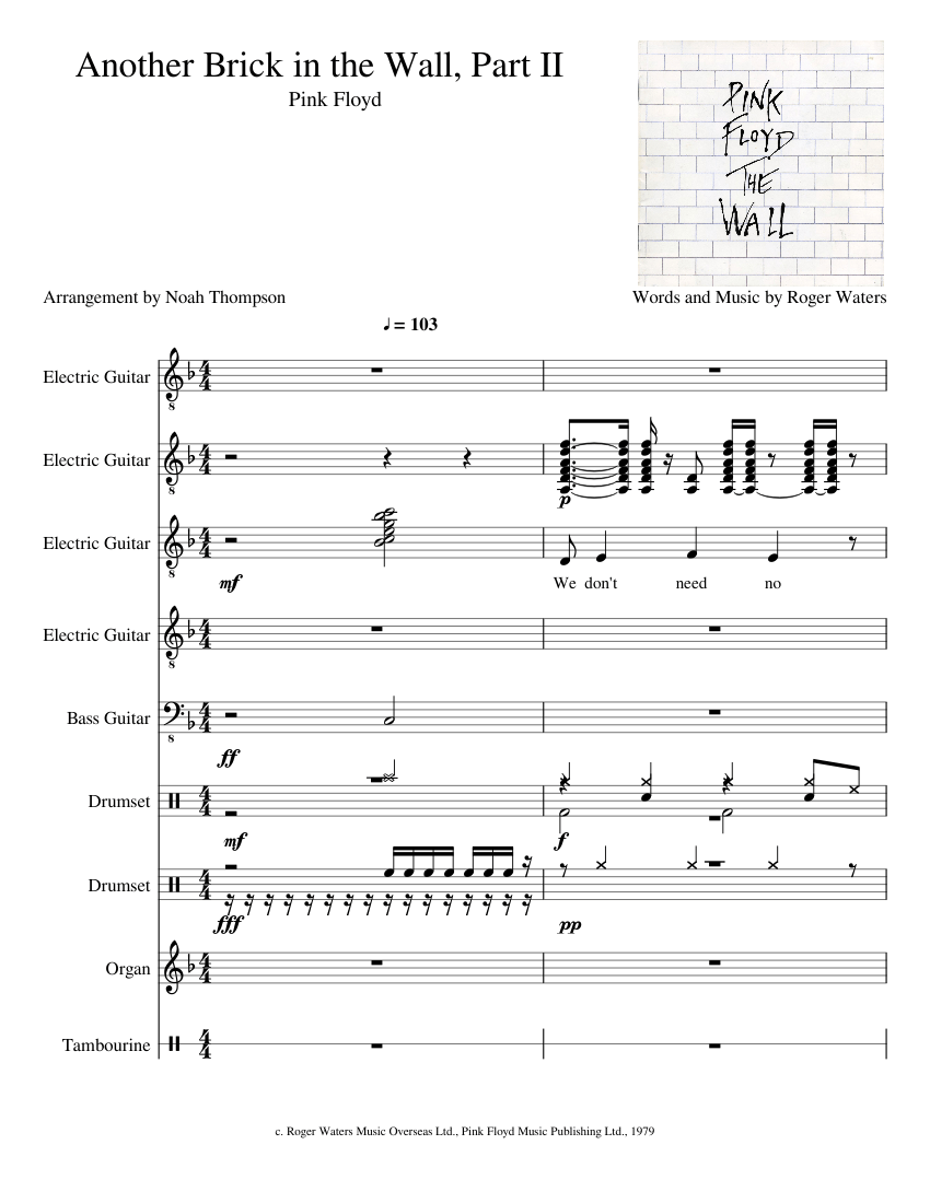 Another Brick in the Wall: Part II - Pink Floyd (1979) Sheet music for  Organ, Tambourine, Guitar, Bass guitar & more instruments (Mixed Ensemble)