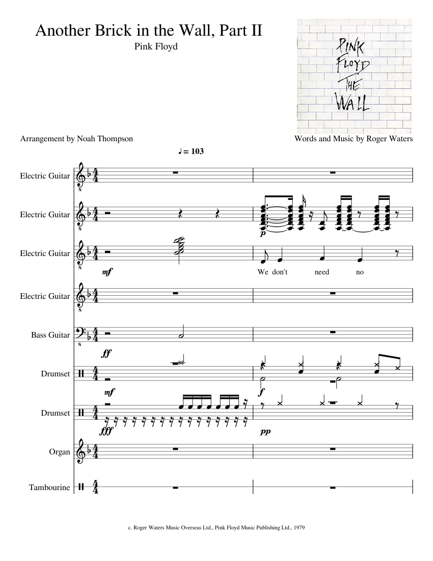 Another Brick in the Wall: Part II - Pink Floyd (1979) Sheet music for  Organ, Tambourine, Guitar, Bass guitar & more instruments (Mixed Ensemble)  | Musescore.com