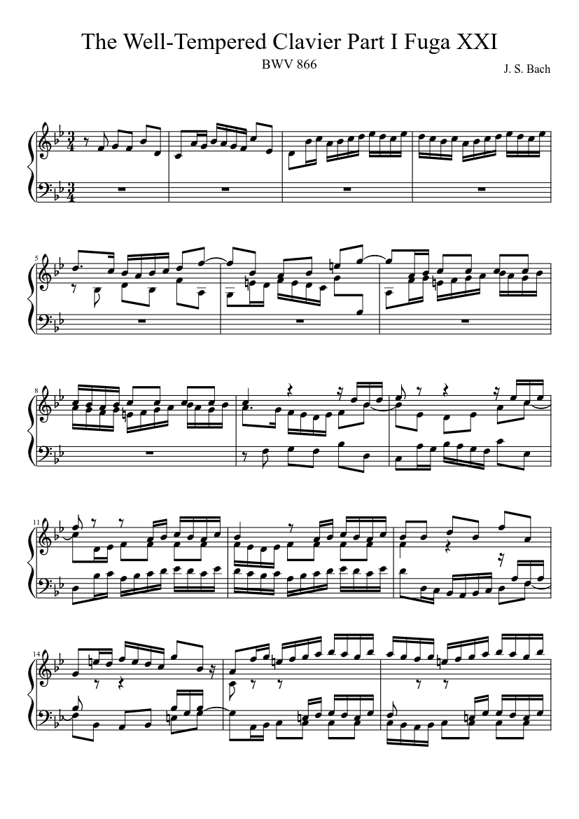 BWV 866 平均律クラヴィーア曲集 第1巻 第21番 フーガ 楽譜 ハープ