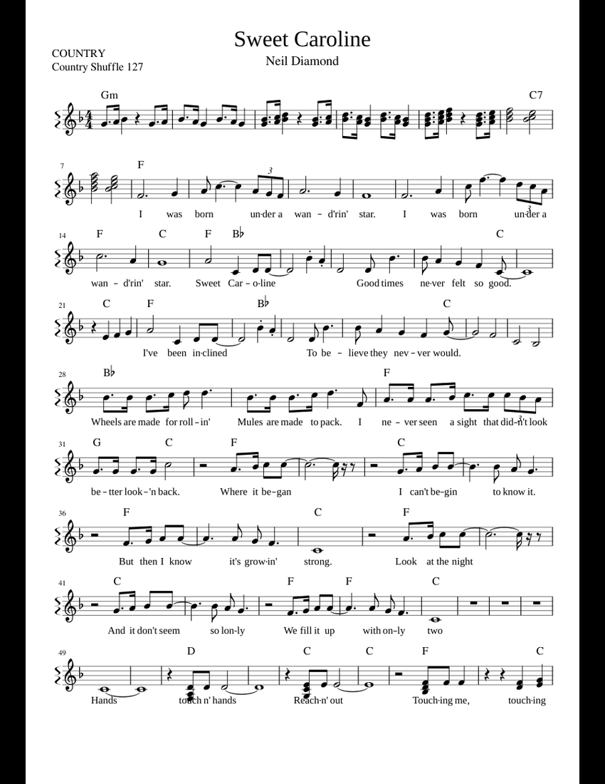 Sweet Caroline Sheet Music For Piano (Solo) | Musescore.com