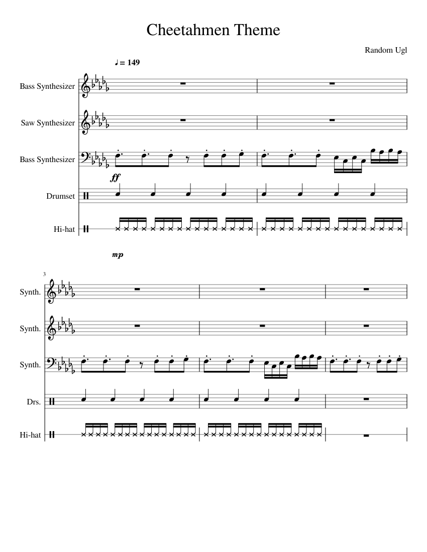 Cheetahmen Theme Sheet Music for Bass guitar, Drum group