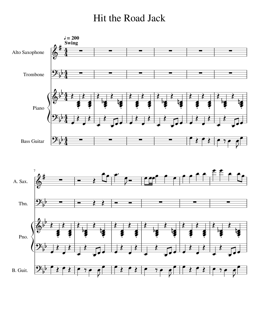 Hit the Road Jack Sheet music for Piano, Trombone, Saxophone alto, Bass  guitar (Mixed Quartet) | Musescore.com