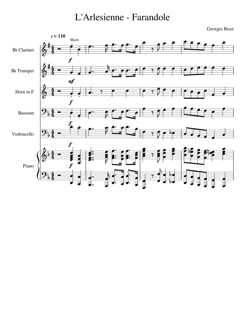 L Arlesienne Farandole Bizet Sheet Music For Piano Trumpet In B Flat Clarinet In B Flat French Horn More Instruments Piano Sextet Musescore Com Georges bizet farandole (from 'l'arlesienne') sheet music notes and chords arranged for easy piano. l arlesienne farandole bizet sheet