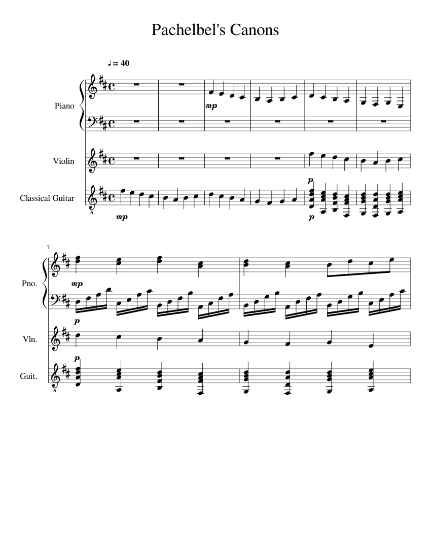 Pachelbel's Canon for Guitar, Piano, and Violin Sheet music for Piano,  Violin, Guitar (Mixed Trio) | Musescore.com