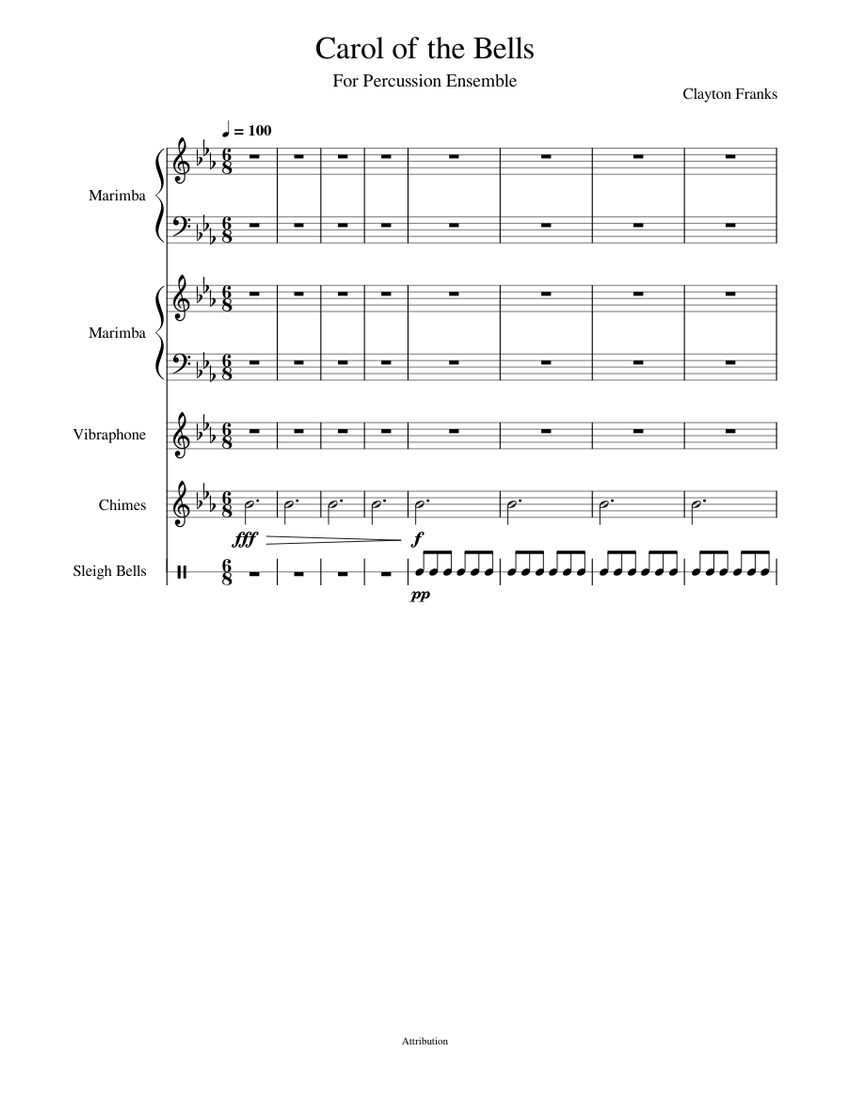 Carol of the Bells for Percussion Ensemble Sheet music for Vibraphone ...
