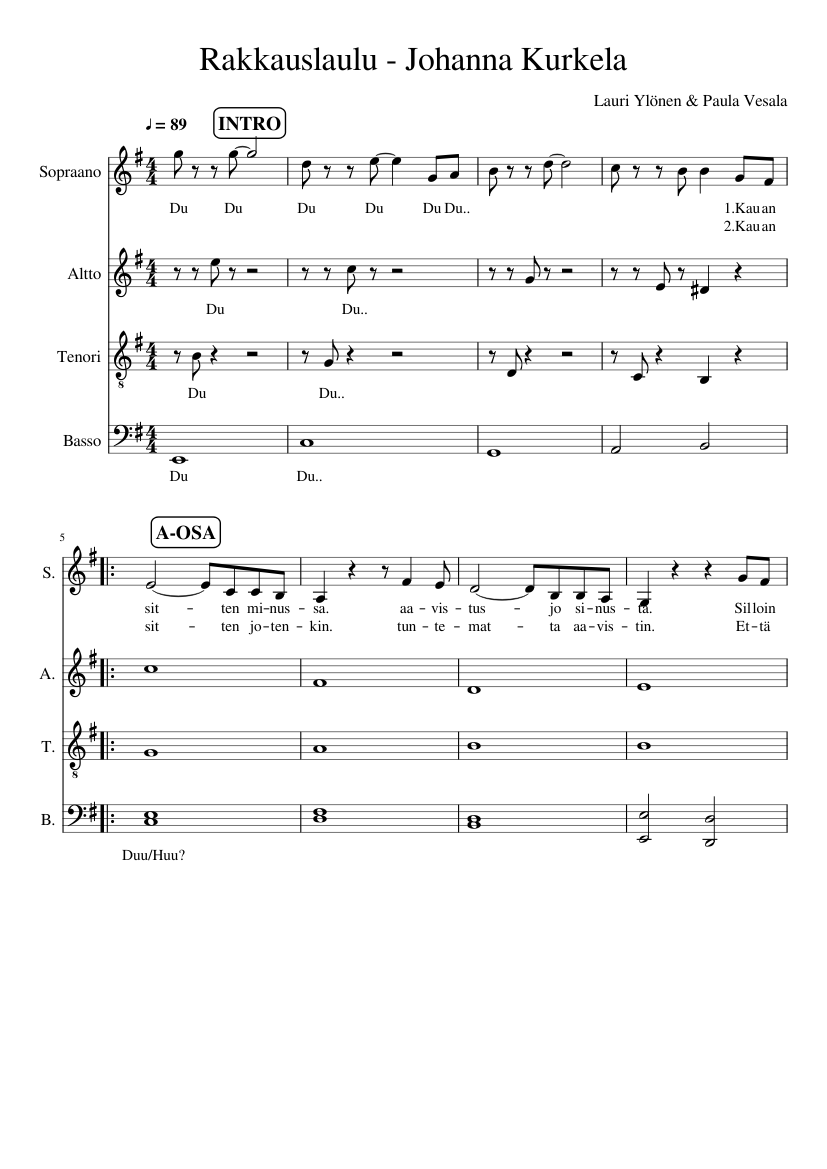 Rakkauslaulu - Johanna Kurkela Sheet music for Soprano, Alto, Tenor, Bass  voice & more instruments (Choral) | Musescore.com
