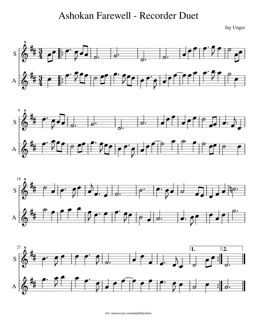 Ashokan Farewell Recorder Duet Sheet music for Recorder (Woodwind Duet