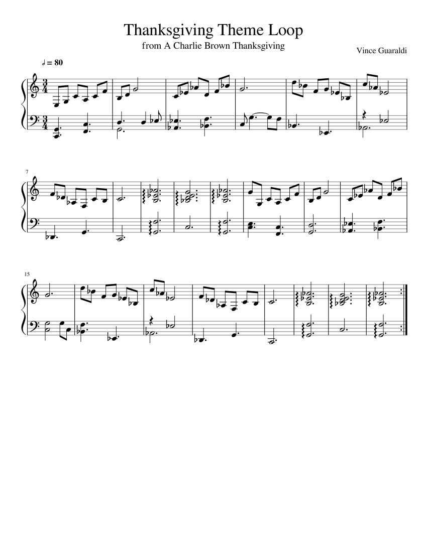 Charlie Brown Thanksgiving Theme Loop Sheet music for Piano (Solo) |  Musescore.com