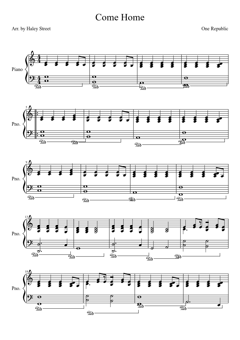 Come Home (One Republic) Sheet music for Piano (Solo) Easy | Musescore.com