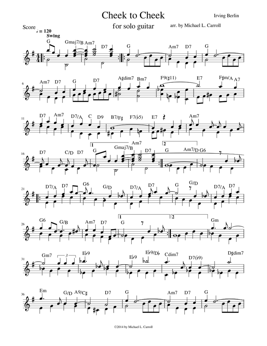 Cheek to Cheek for Solo Guitar G major Sheet music for Guitar (Solo) |  Download and print in PDF or MIDI free sheet music | Musescore.com