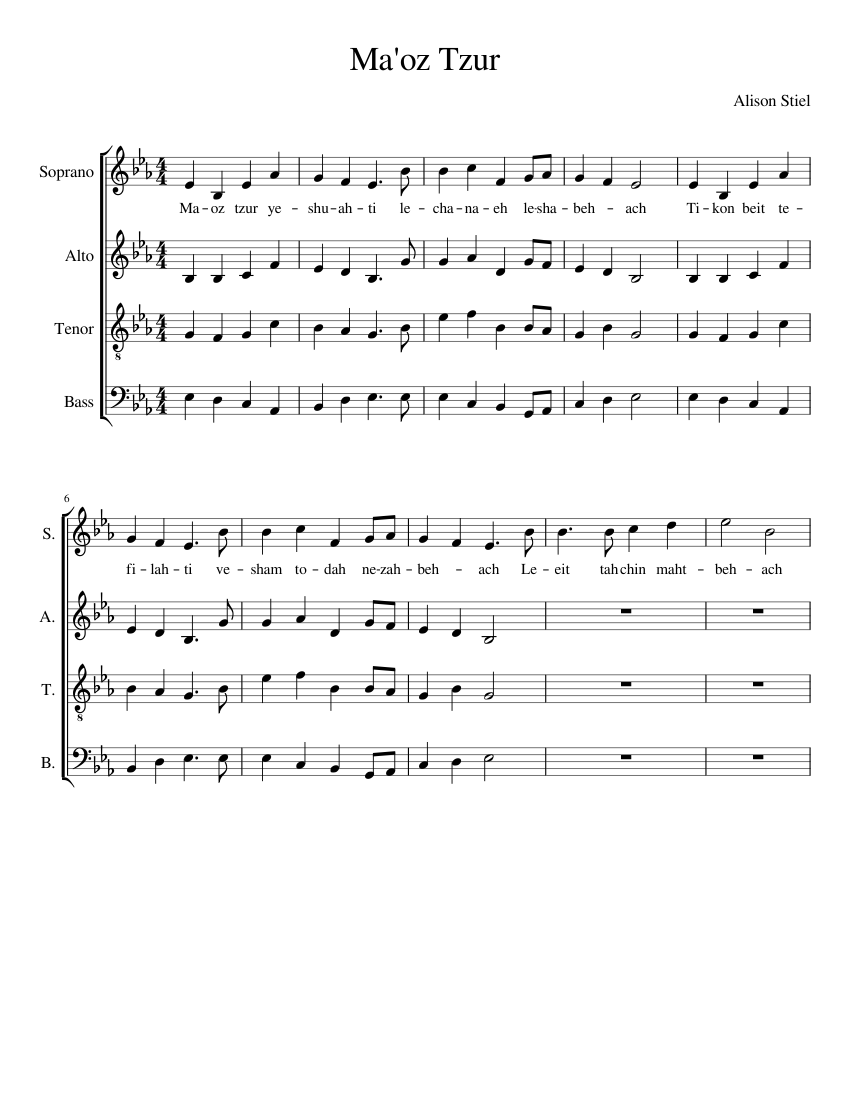 Ma'oz Tzur (Rock Of Ages) SATB Sheet Music For Soprano, Alto, Tenor ...