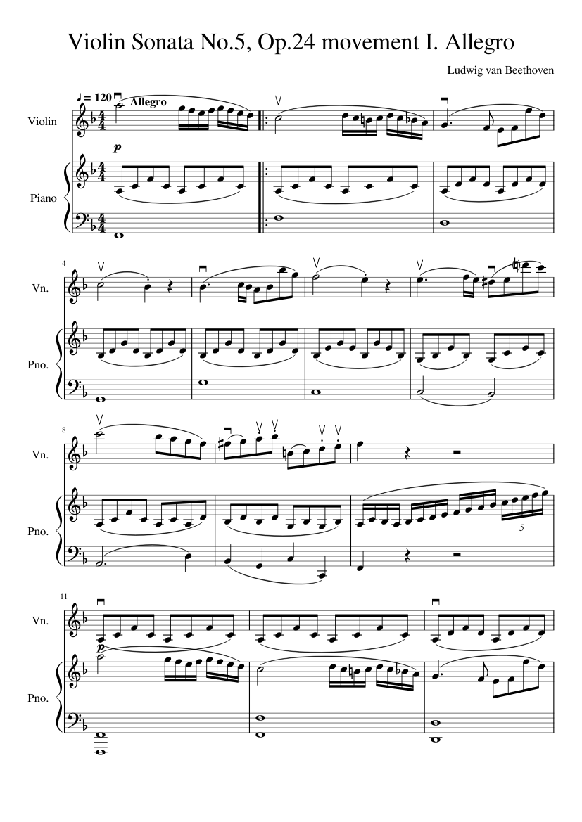 Beethoven - Violin Sonata No.5 Op.24 (Spring) movement I. Allegro Sheet  music for Piano, Violin (Solo) | Musescore.com