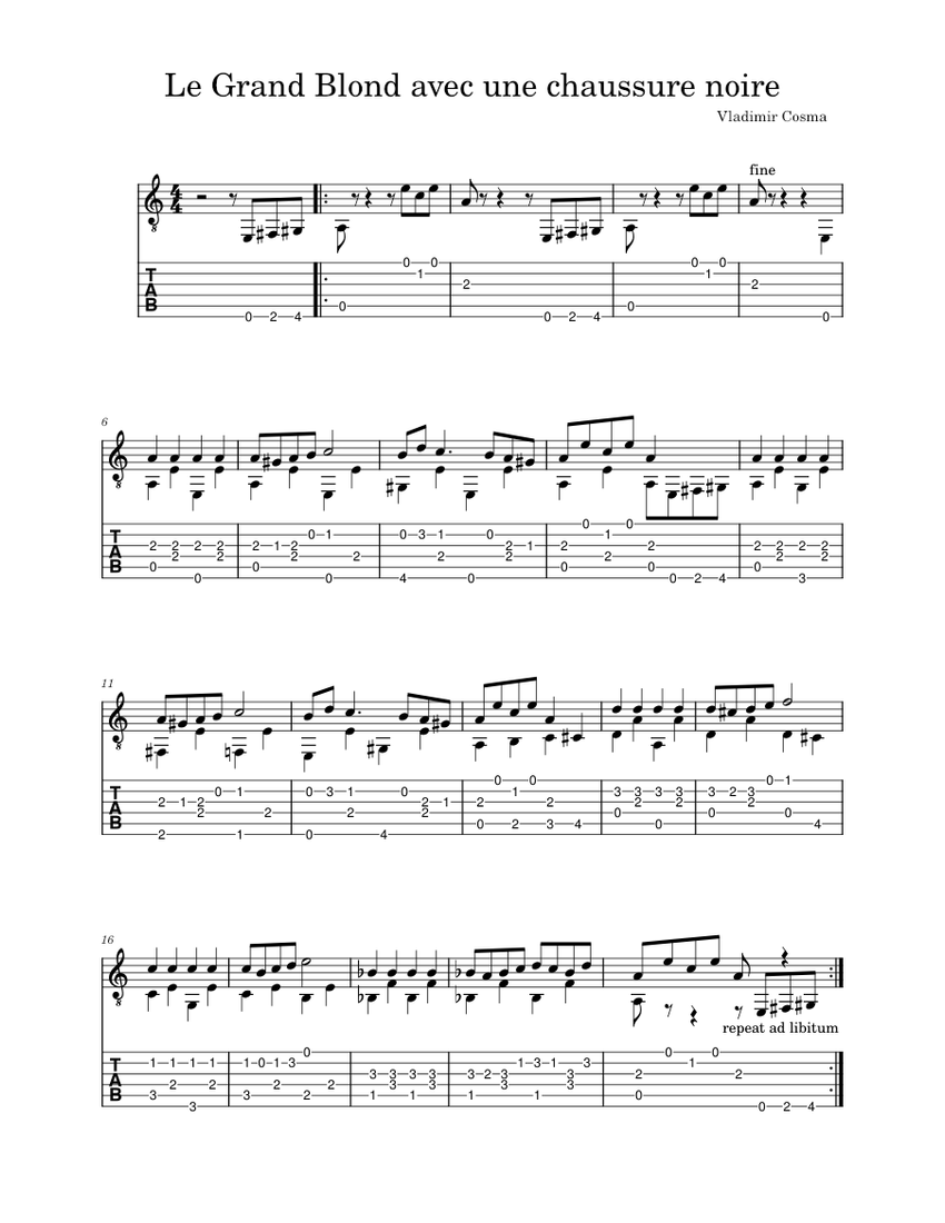 Le grand blond avec une chaussure noire – Vladimir Kosma Sheet music for  Guitar (Solo) | Musescore.com