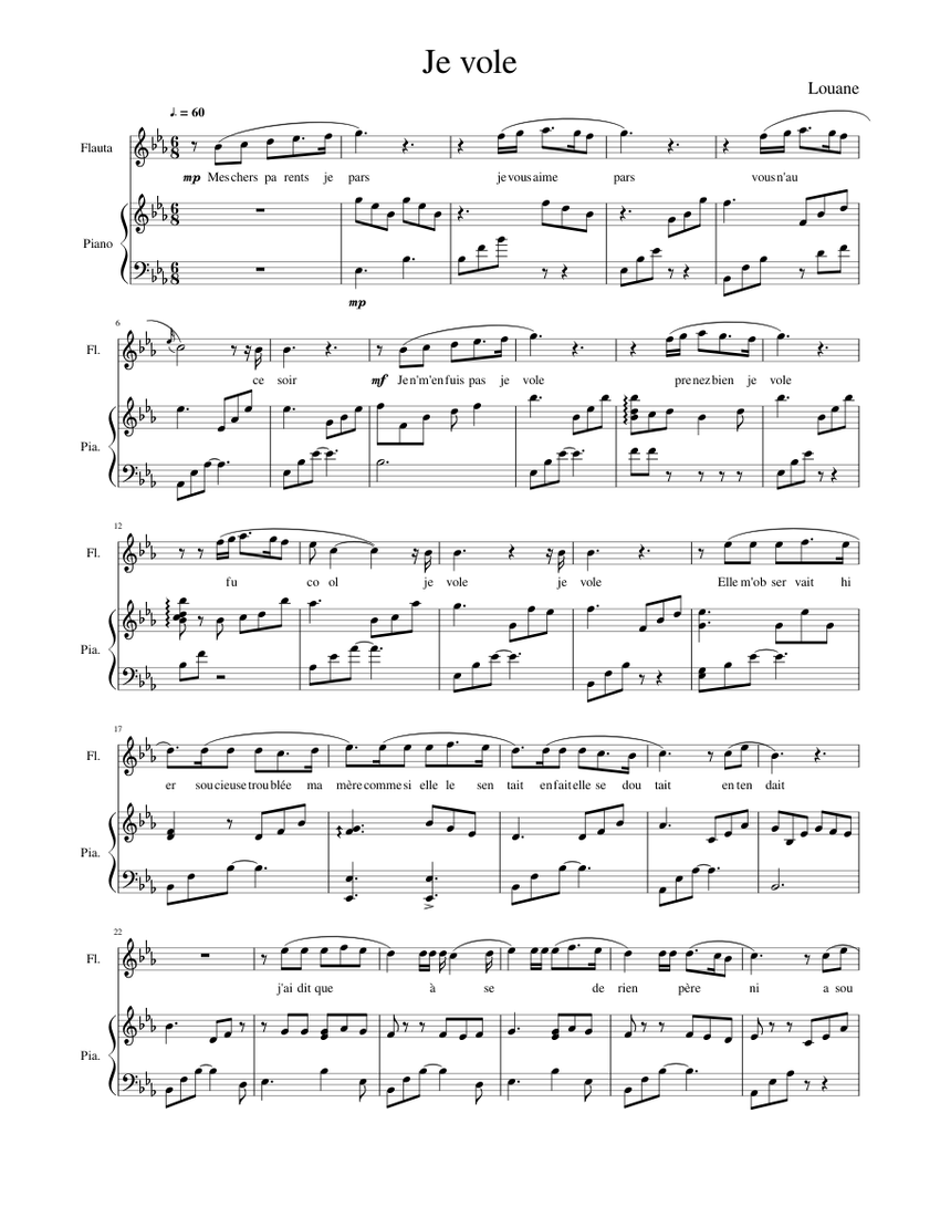 Je vole Louane flute piano Sheet music for Piano, Flute (Solo) |  Musescore.com
