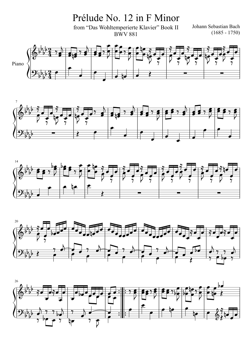 Prélude No. 12 BWV 881 in F Minor Sheet Music for Piano (Solo 