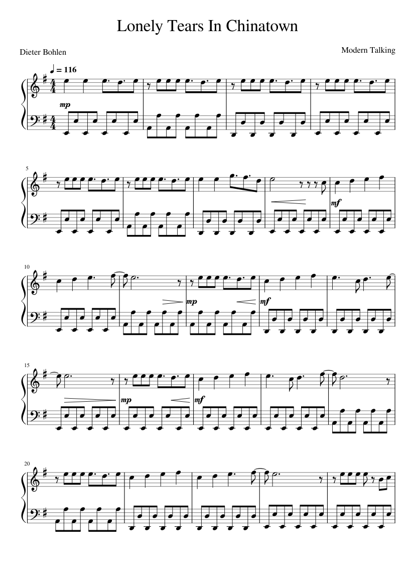 Lonele Tears In Chinatown - Modern Talking Sheet Music For Piano.