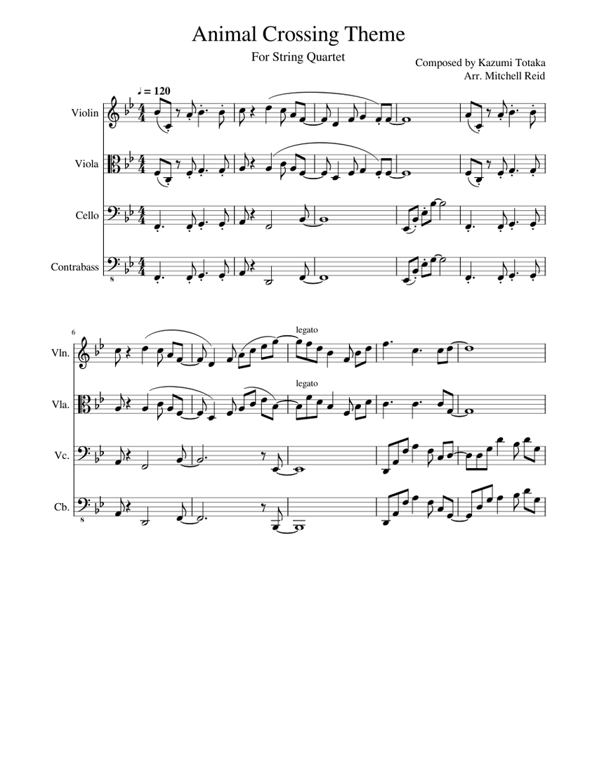 Animal Crossing Gamecube Theme for String Quartet Sheet music for