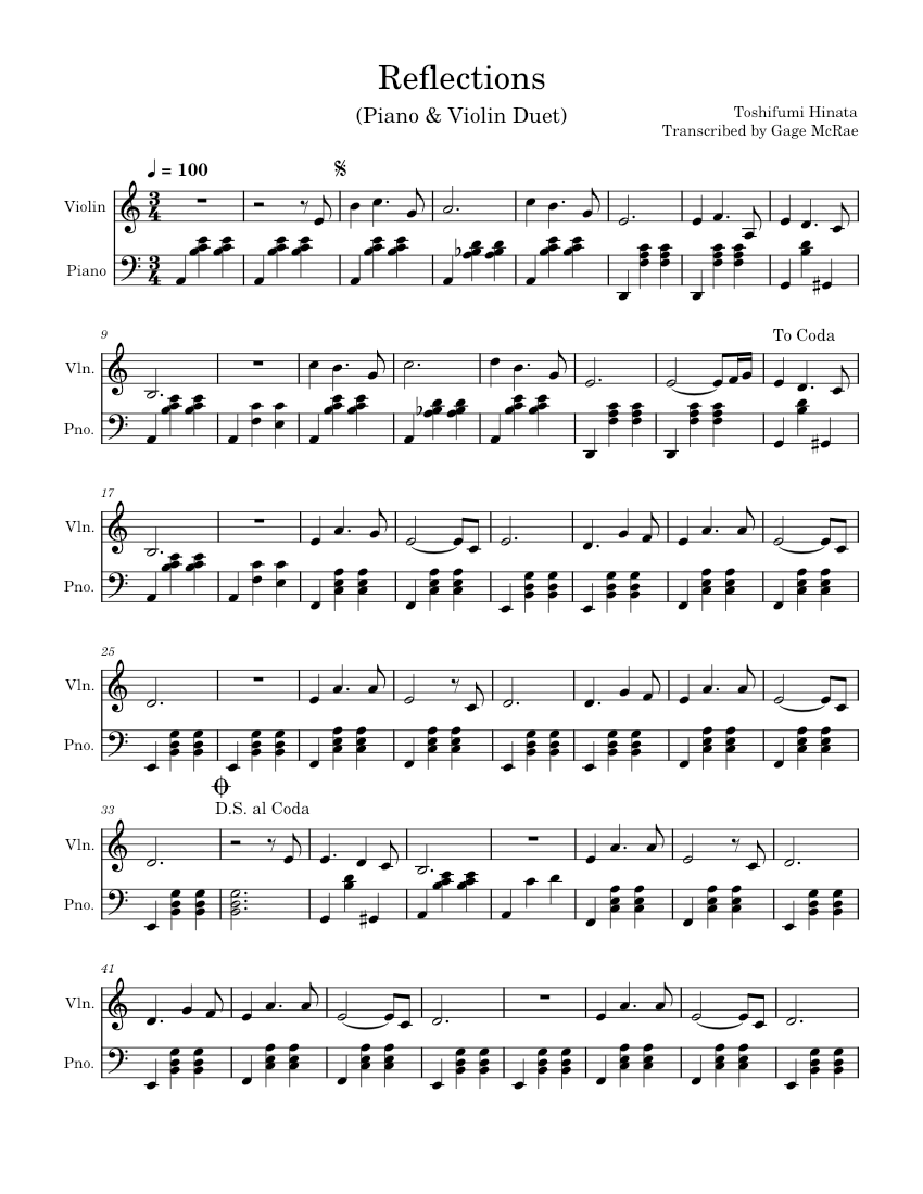 Reflections Toshifumi Hinata Sheet music for Piano, Violin (Mixed