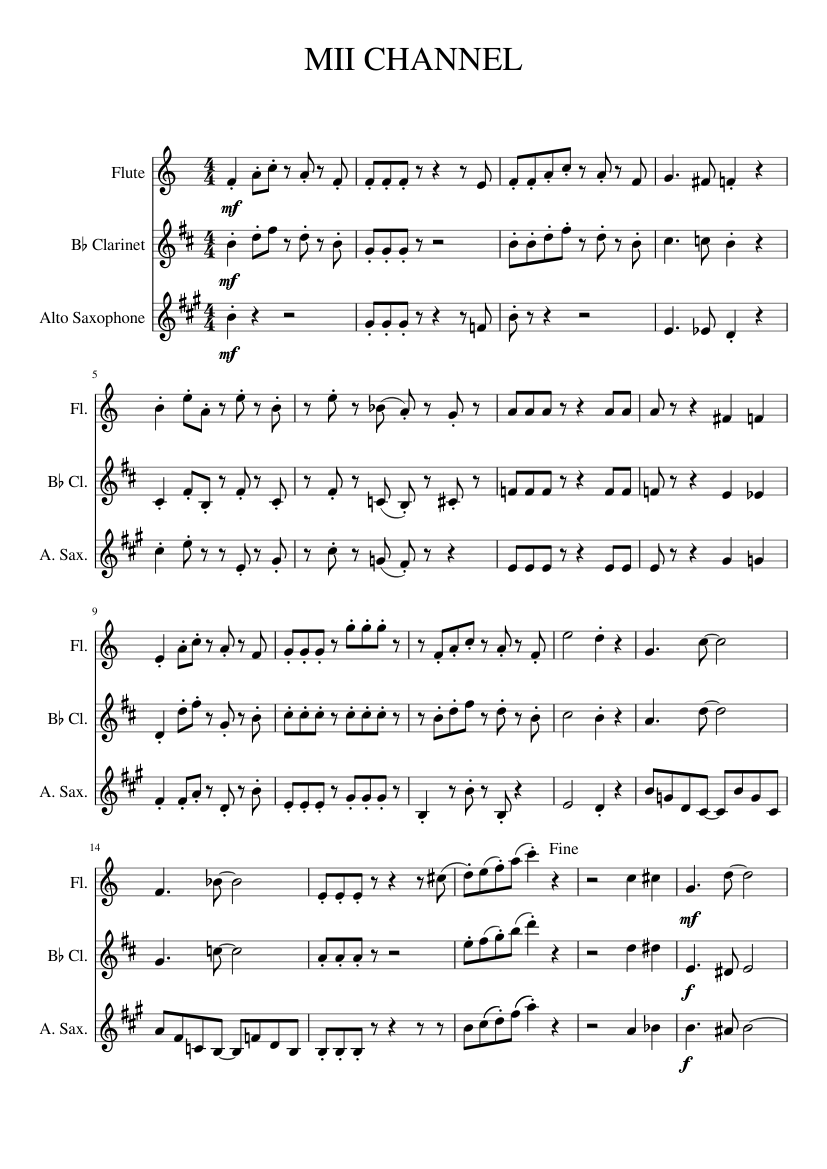 Mii Channel (Wii) Sheet Music for Flute, Clarinet in b-flat, Saxophone ...