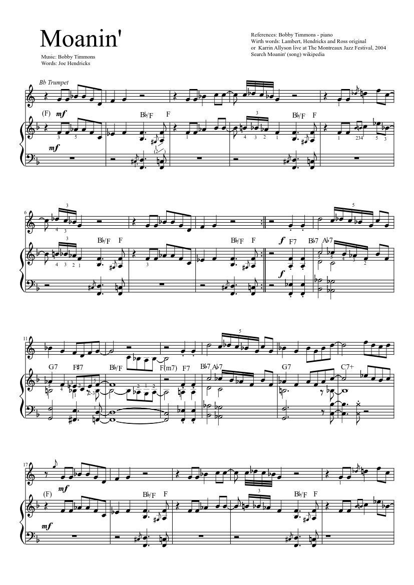 Moanin' with trumpet Sheet music for Piano, Cornet (Solo) | Musescore.com