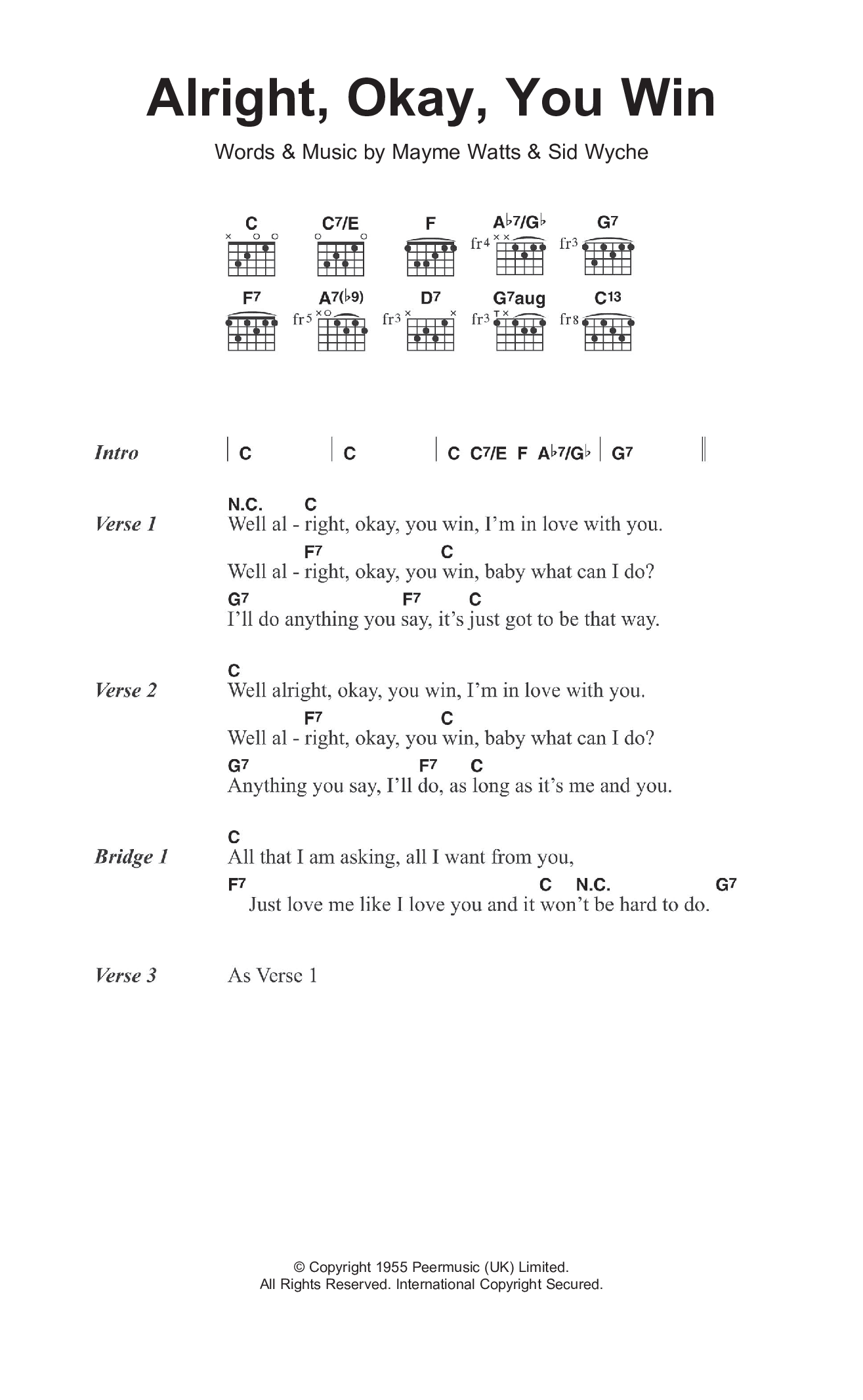 Alright, Okay, You Win Sheet music for Vocals, Guitar by Peggy Lee ...