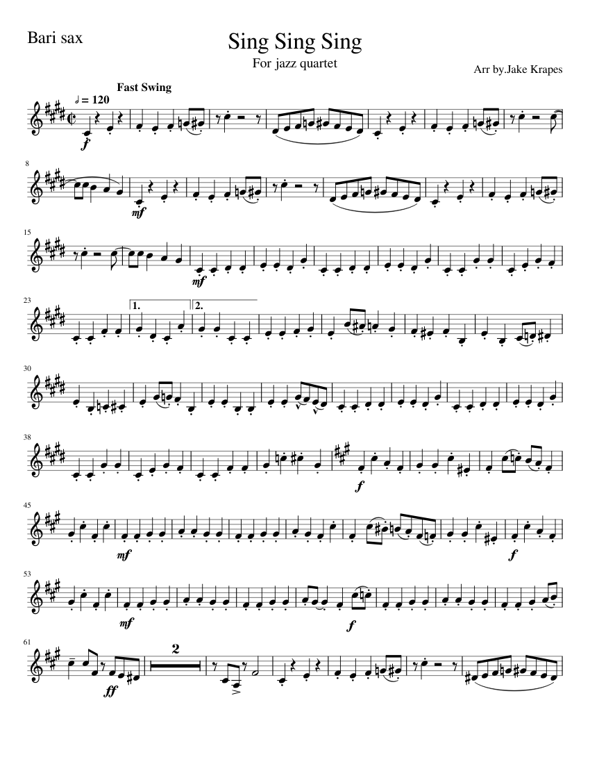 Sing Sing Sing Quintet Bari Sax Sheet music for Saxophone baritone (Solo)