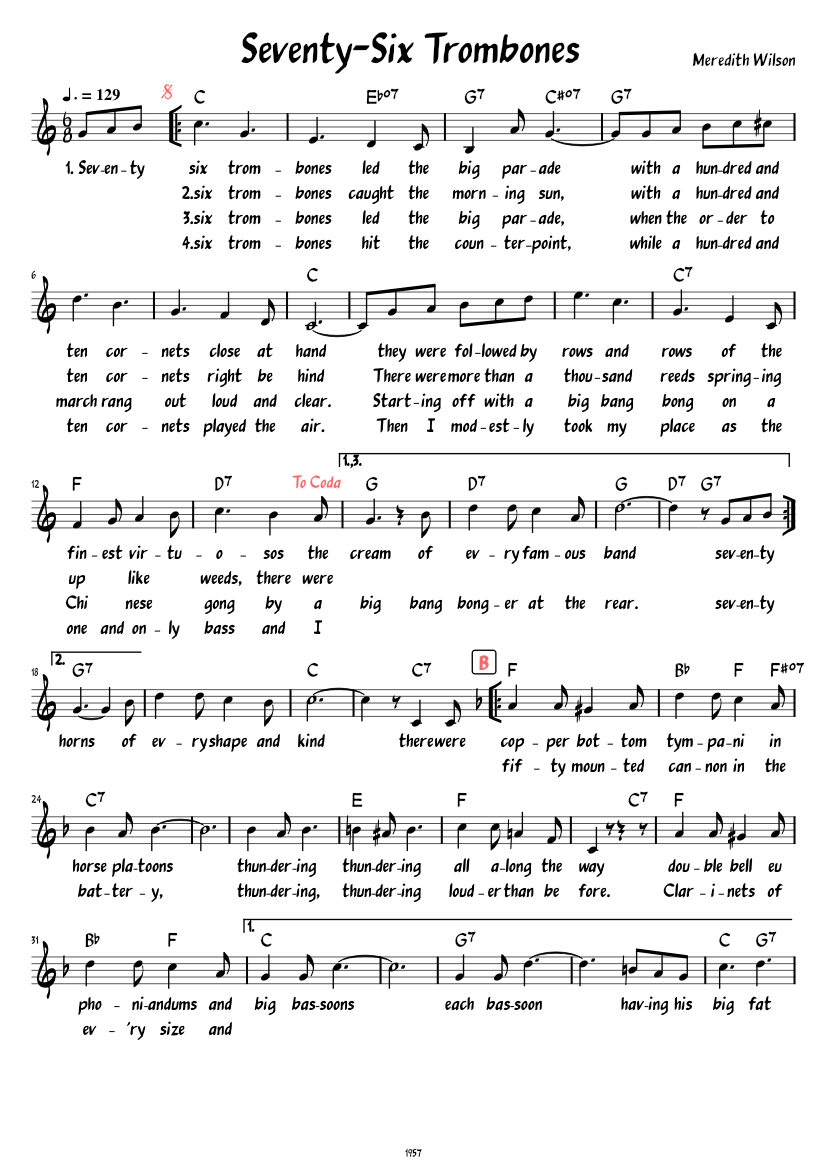 Seventy Six Trombones (Lead sheet with lyrics ) Sheet music for Piano (Solo)