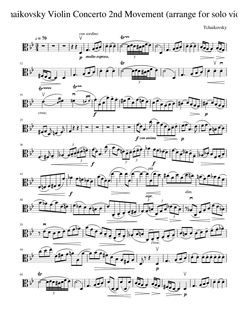 Tchaikovsky Violin Concerto 2nd Movement Arrange For Solo Viola Sheet ...