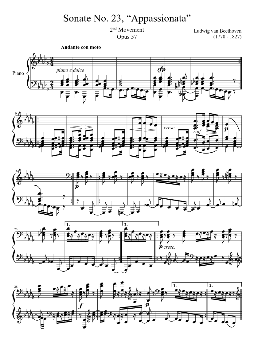 Sonate No. 23, “Appassionata” 2nd Movement Sheet music for Piano (Solo) |  Musescore.com