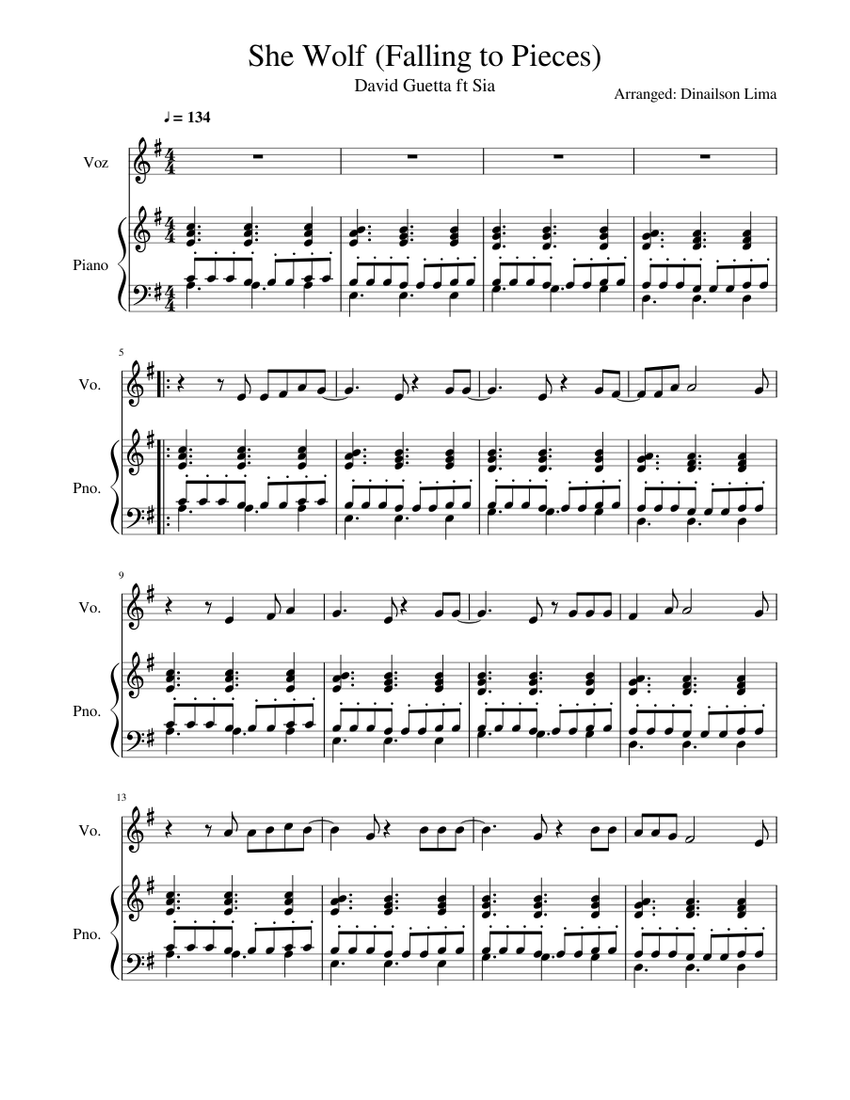 She Wolf (Falling to Pieces) - David Guetta ft Sia Sheet music for Piano,  Vocals (Piano-Voice) | Musescore.com