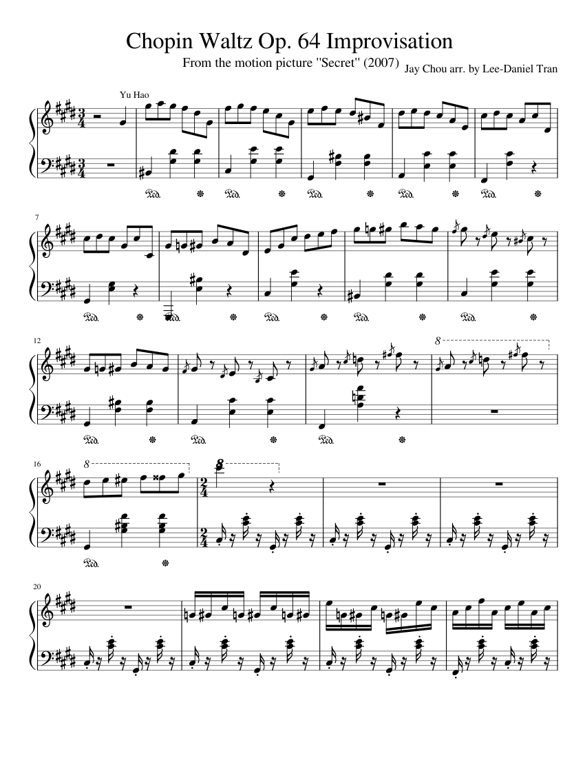 周杰倫による「秘密」からのショパン ワルツ Op. 64 即興演奏 楽譜